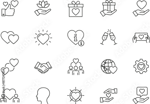Set of black line icons for charity and community care featuring hearts, hands, gift boxes, and people symbols.