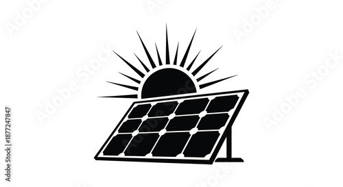 A striking solar panel graphic with a radiant sun burst presented as a bold silhouette