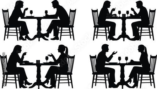 Couple dining silhouette collection with men and women seated at restaurant tables, romantic conversation scenes, black people shapes set, relationship vector illustration