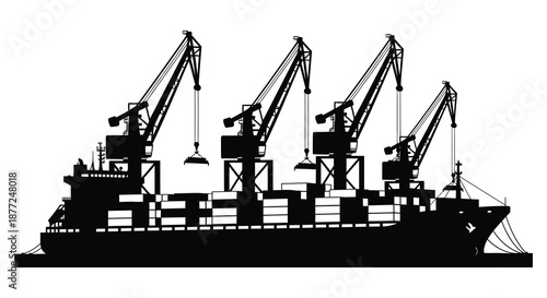A striking black silhouette of a large cargo ship with several industrial cranes alongside it silhouette