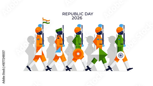Vector illustration of Indian Republic Day celebration with character soldiers marching and holding a flag in orange, white, and green uniforms against a white background.