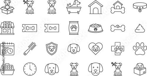 Large set of thin line dog care icons including puppy grooming food house medical veterinary and pet accessories.
