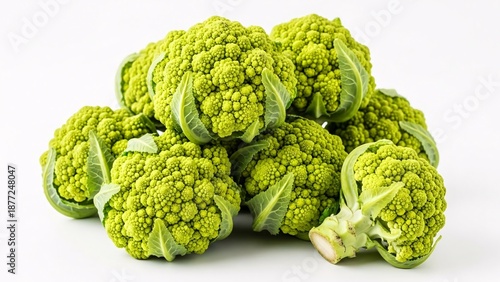 Close-up Capture of a Romanesco Broccoli Pile in Studio, Showcasing Freshness on White Background