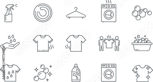 Laundry and cleaning service line icons featuring washing machines, detergent bottles, spray cleaners, t-shirts, bubbles and garment care.