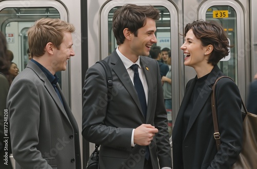 Happy business people laughing together on a crowded subway train