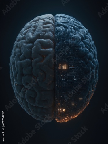 Human brain with organic and digital circuit halves on dark background