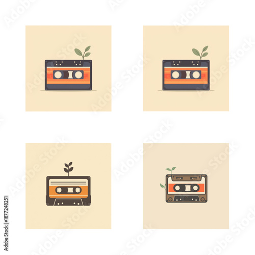 Nostalgic illustrations of retro cassette tapes adorned with vibrant green sprouts, symbolizing the fusion of vintage music technology and enduring natural growth and renewal