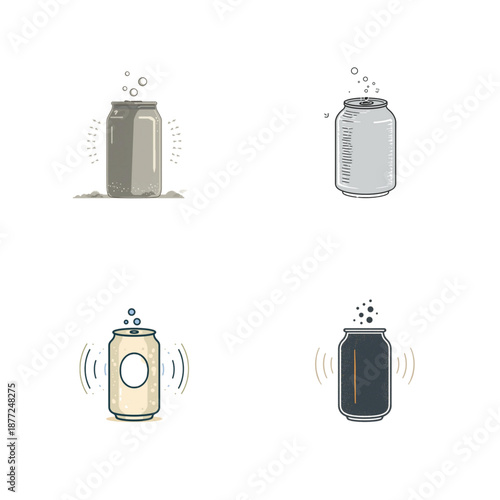 Set of diverse minimalist vector icons depicting carbonated beverage cans with effervescence, symbolizing refreshment, fizz, and a cool drink experience, ideal for web design