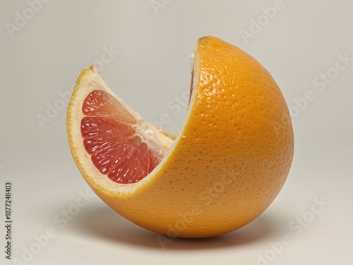 Vibrant sliced red grapefruit with textured peel on a light background