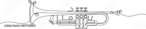Elegant one-line trumpet illustration featuring detailed musical instrument contours in a minimalist continuous line art vector style