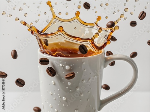 Dynamic coffee splash with flying beans and droplets over a white mug
