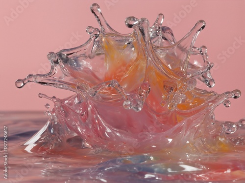 Dynamic liquid splash with colorful hues against a pink background