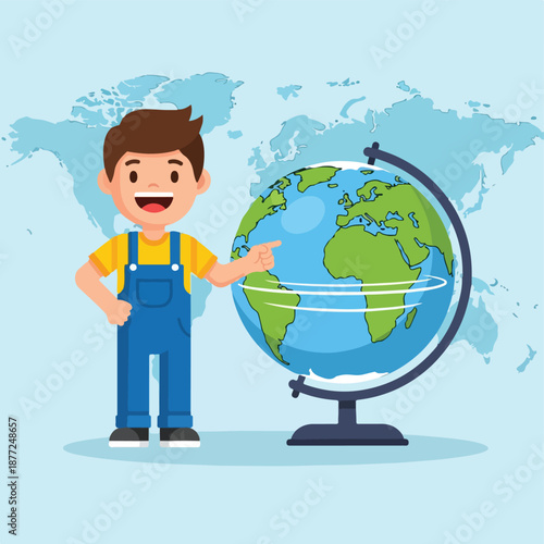 Boy pointing at spinning globe