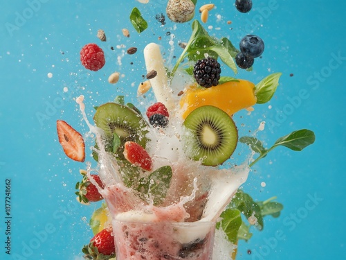 Dynamic fruit and berry smoothie splash with nuts and greens on blue