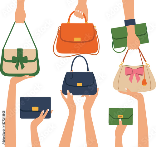 Women hands holding stylish handbags and purses set, modern fashion accessories flat vector illustration