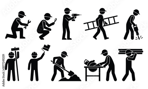 Construction workers and hand tools silhouette set – wrench, hammer, drill, wheelbarrow, ladder and toolbox