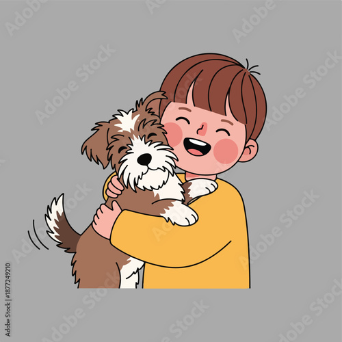 Happy Boy Hugs Fluffy Pet Dog