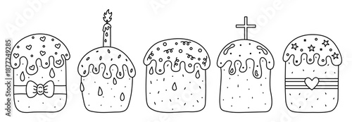 Easter cakes, vector black line set. Kulichi with sugar glaze, whimsical outline signs. Festive yeast desserts with icing and sprinkles, paska linear pictograms