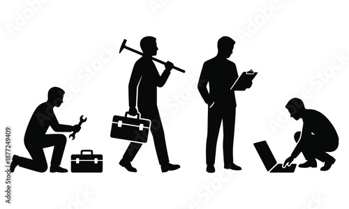 Construction and inspection workers silhouette set – wrench, toolbox, clipboard and laptop technician