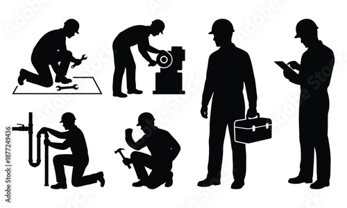Mechanical repair workers silhouette set – hammering, machine service, gear work and blueprint reading