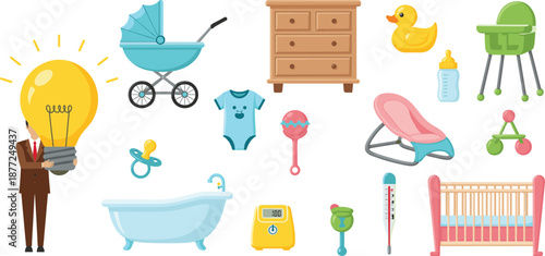 Baby care and nursery items vector set with stroller, crib, toys, feeding accessories, and newborn essentials illustration