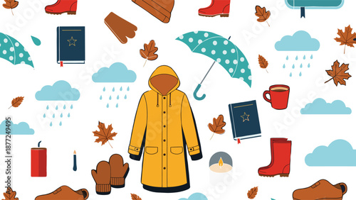 Autumn rainy season seamless pattern with yellow raincoat, umbrella, boots, falling leaves and cozy weather elements