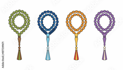 Four colorful prayer beads, also known as tasbih or misbaha, displayed in a row against a white background.