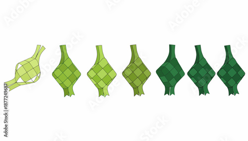 A row of diamond-shaped rice cakes, known as Ketupat, in varying shades of green, displayed against a white background.