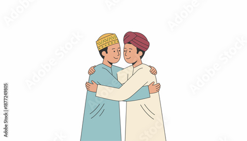Two young men in traditional clothing embracing each other warmly in a sign of friendship and unity.
