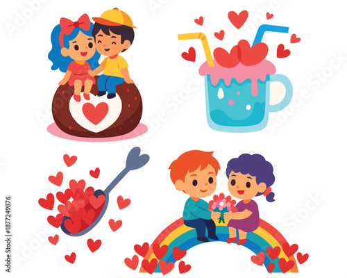 A happy set of cartoon kids including a girl and boy playing with toys and a ball alongside a cute animal character and cat in a fun family illustration