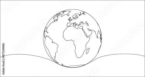 Minimal world map globe illustration resting on curved lines, representing Earth, geography, global concepts, and environmental themes