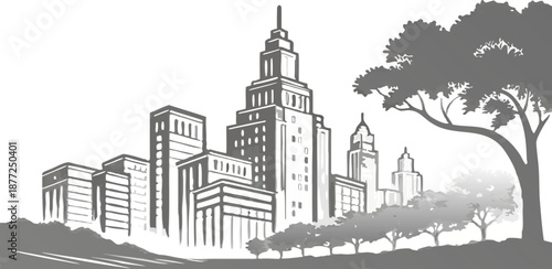 Flat graphic illustration of a distant eco-city skyline in blue and grey monochrome palette, minimal and environmentally conscious design.