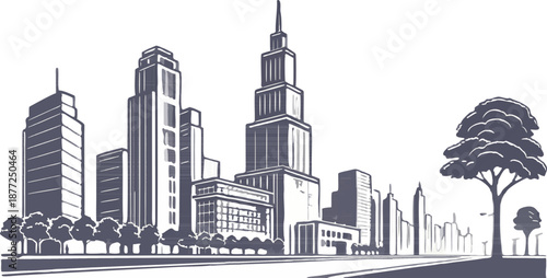 Monochrome blue-grey city far away, flat vector illustration representing ecological balance, sustainability, and modern urban life.