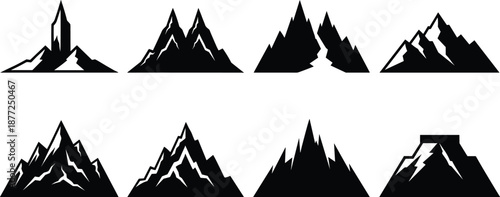 Set of bold mountain silhouette icons featuring sharp peaks, rocky landscapes, and dramatic summit shapes in clean vector style