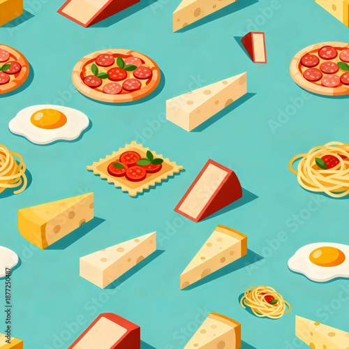 Isometric pizza cheese blocks and fried eggs on blue