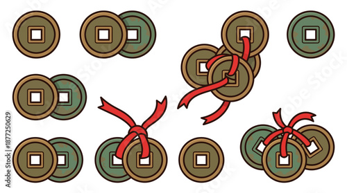 A collection of illustrations depicting various arrangements of ancient Chinese coins, some tied together with red ribbons.
