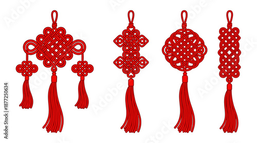 A collection of four intricate red Chinese knot ornaments with tassels, symbolizing good fortune and prosperity.