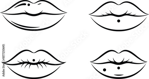 Stylized line art lips icons featuring feminine expressions, beauty elements, and decorative mouth designs in a minimal vector style