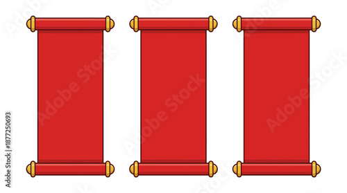 Three blank red scrolls with golden finials, isolated on a white background.
