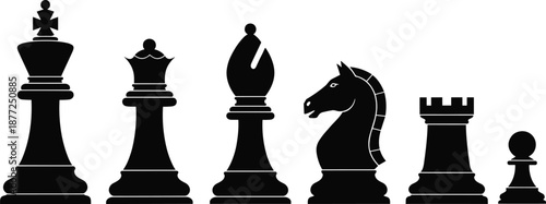 Row of Six Stylized Black Chess Piece Silhouettes Representing King, Queen, Bishop, Knight, Rook, and Pawn on White Background