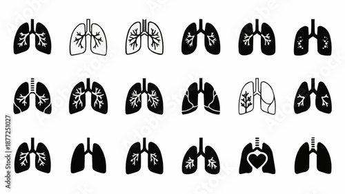 Collection of stylized human lung icons in black and white.