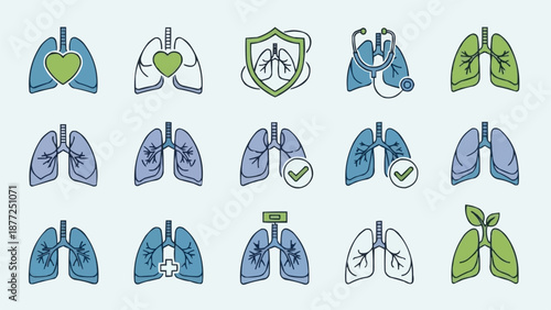 Collection of stylized human lung illustrations with medical icons.
