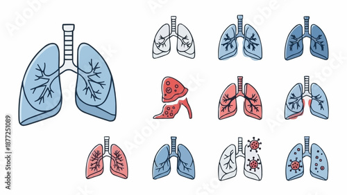 Collection of stylized human lungs illustrations showing different conditions.