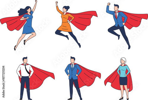 Business superhero people vector set with men and women wearing capes symbolizing leadership, success, and professional power