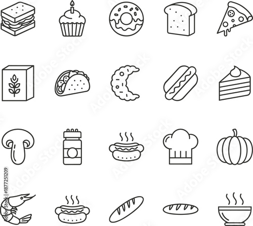 Collection of food and bakery line icons featuring snacks, desserts, bread, fast food, ingredients, and cooking elements in vector style