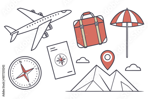 Travel and Vacation Essentials Flat Design Icons Collection.