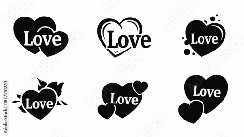 Collection of six heart shapes with the word love inside.