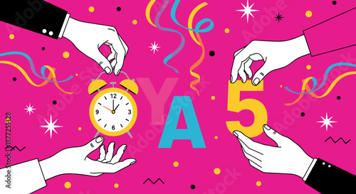 A colorful festive illustration celebrating a five year anniversary with hands placing numbers and a clock on a background.