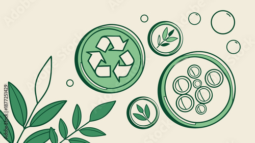 Eco friendly recycling symbol with green leaves and bubbles