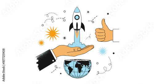 A minimalist illustration of a successful global startup launch with a rocket a globe and a thumbs-up gesture of approval.